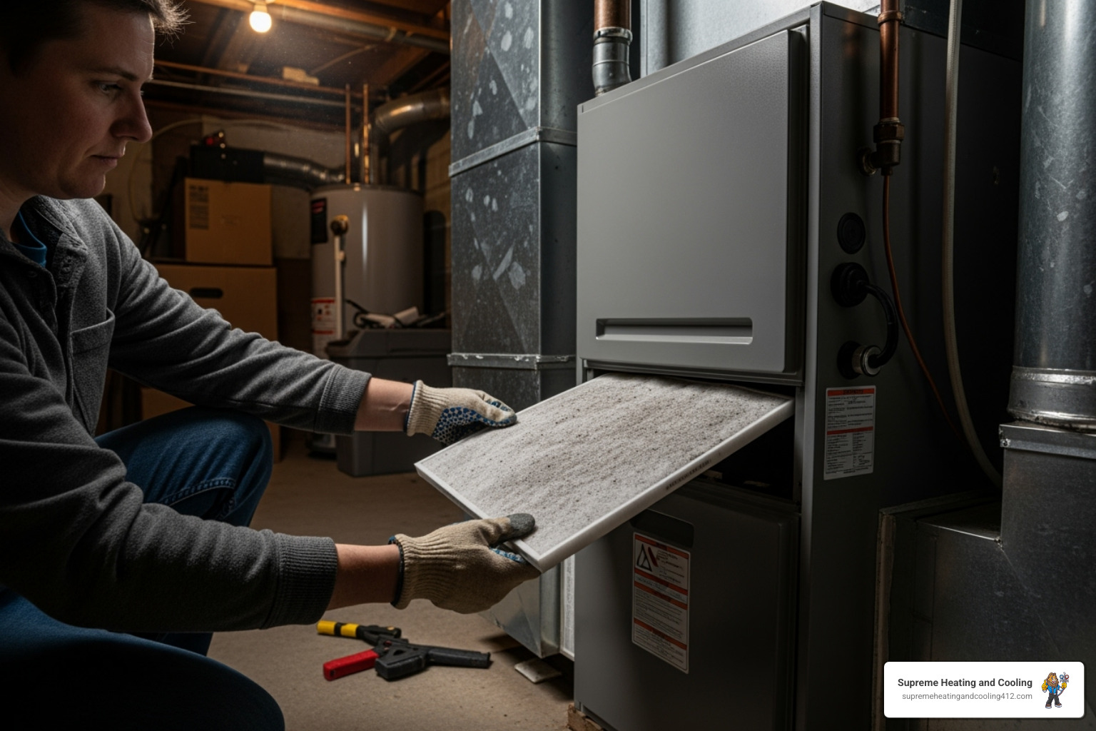 A homeowner changing a furnace air filter - HVAC preventative maintenance