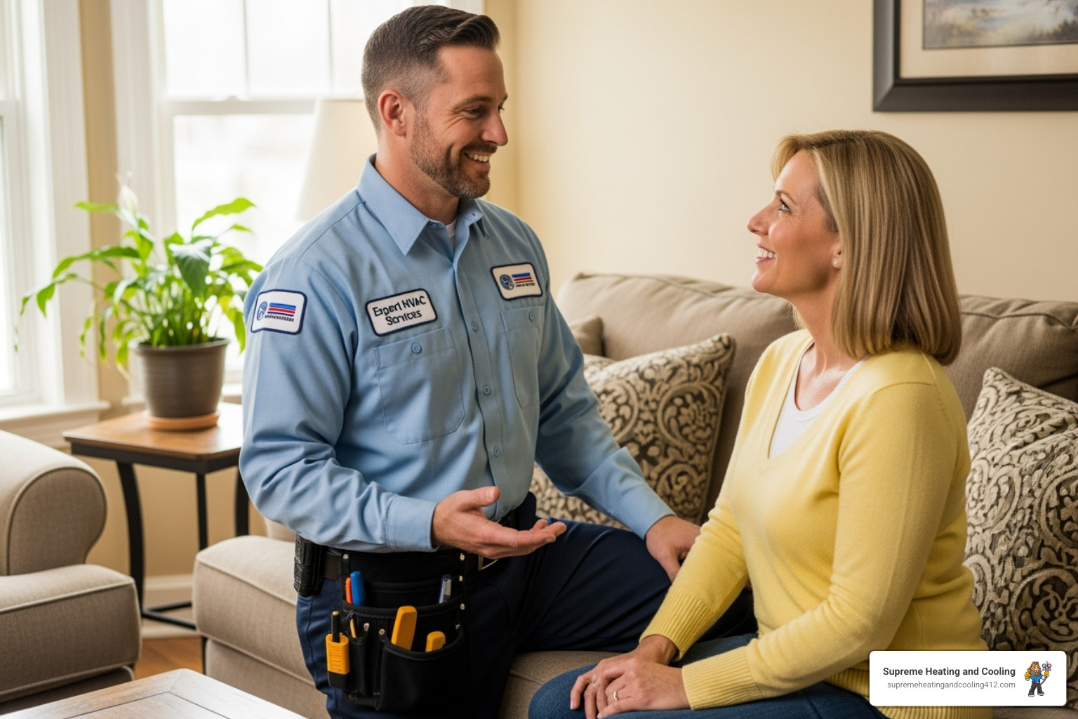 friendly technician talking with a homeowner - HVAC services Baldwin