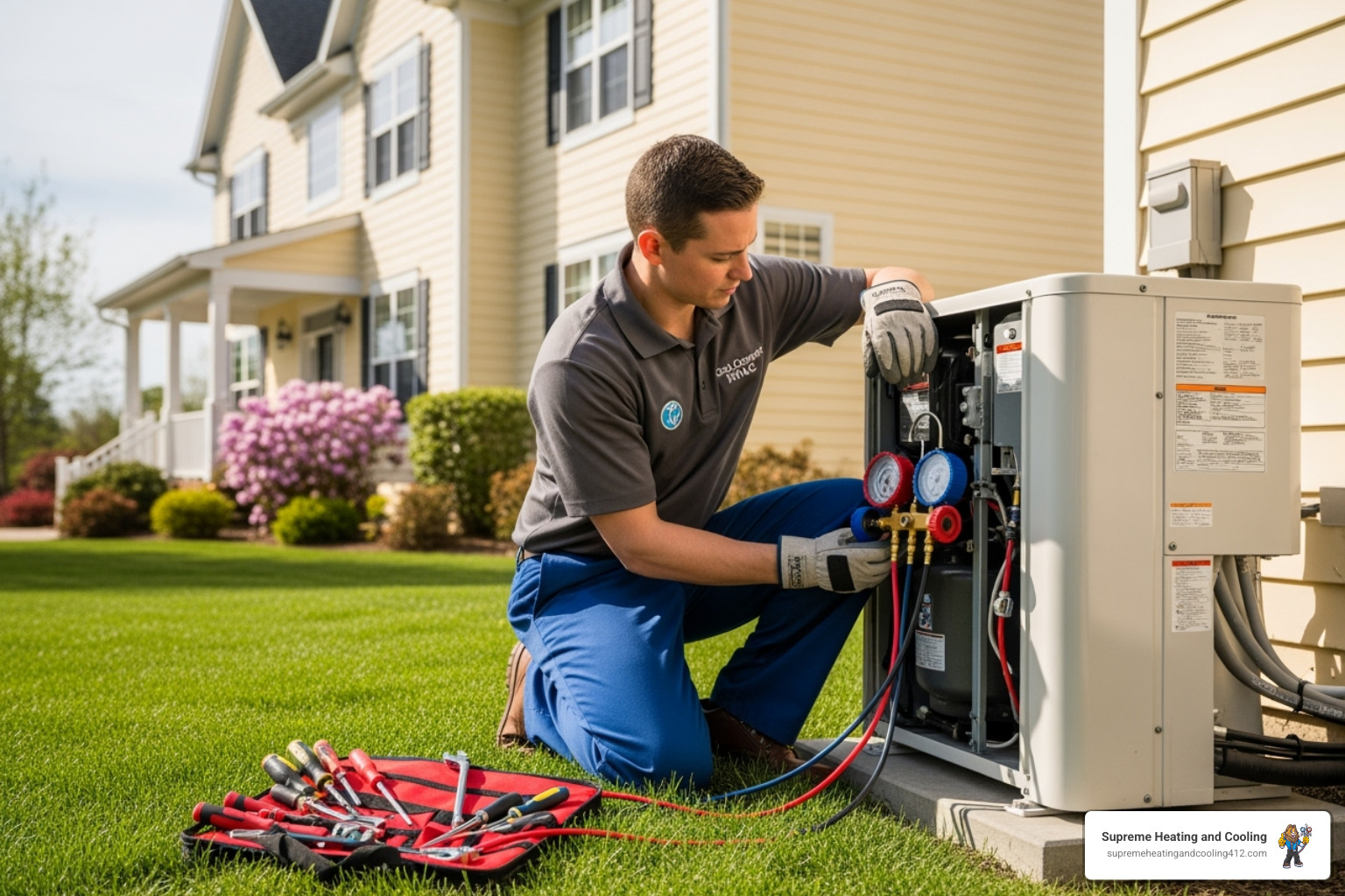 technician servicing an outdoor AC unit - HVAC services Baldwin