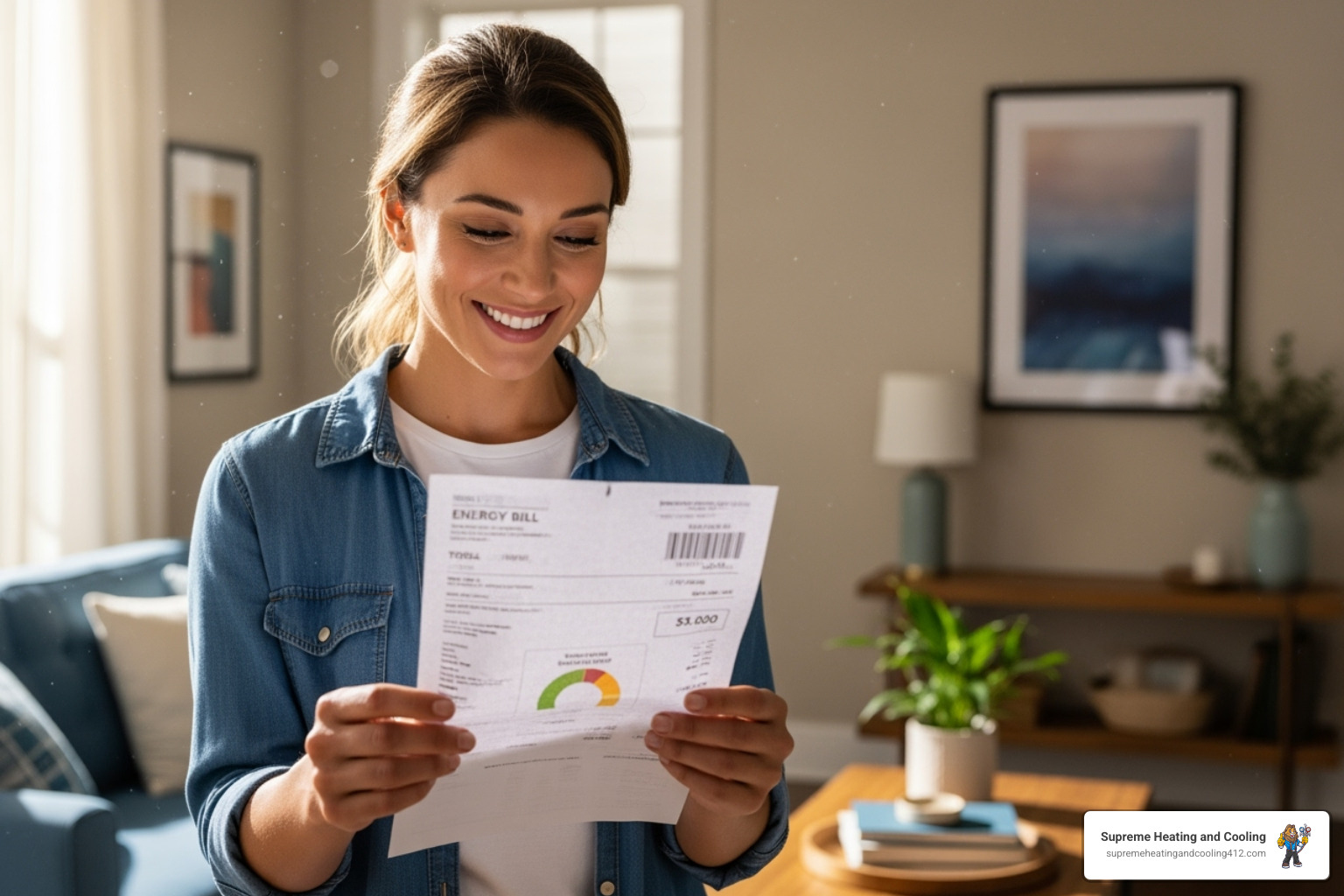 A homeowner looking at an energy bill with a smile - HVAC installation Pittsburgh