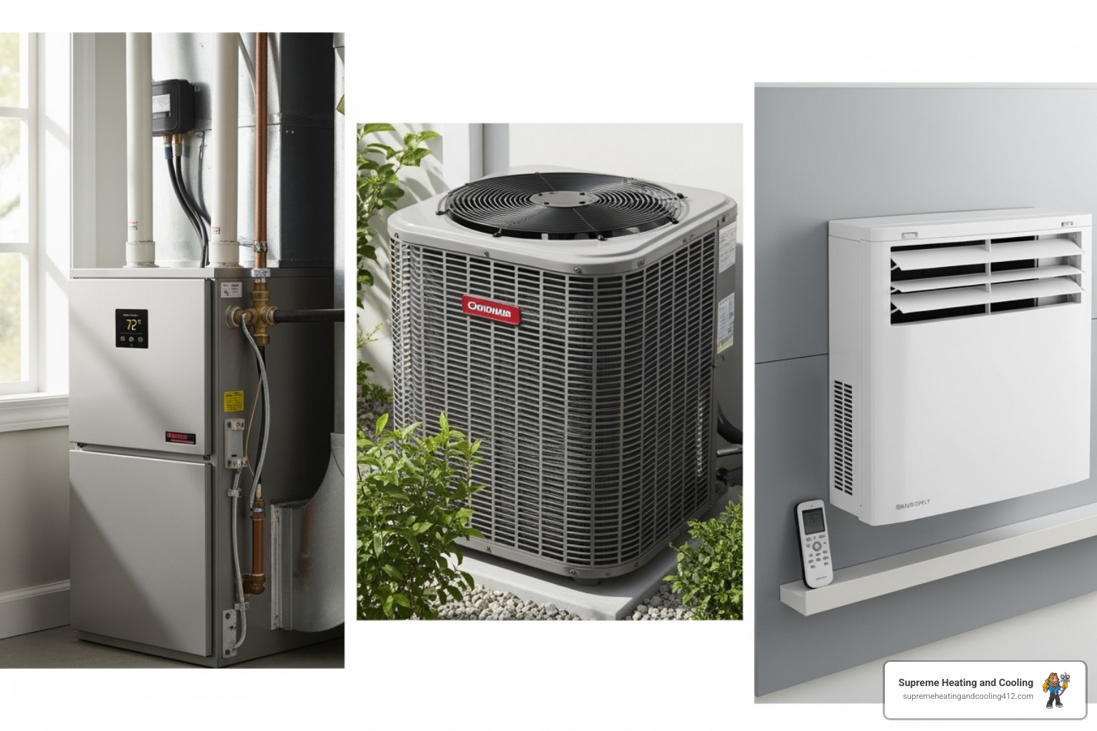 Different HVAC units including a furnace, an outdoor AC unit, and a ductless mini-split - HVAC installation Pittsburgh