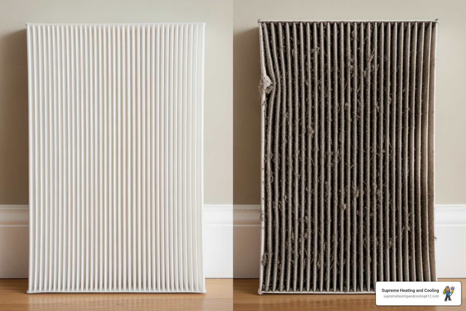 clean air filter next to a very dirty, clogged air filter - AC won't turn on