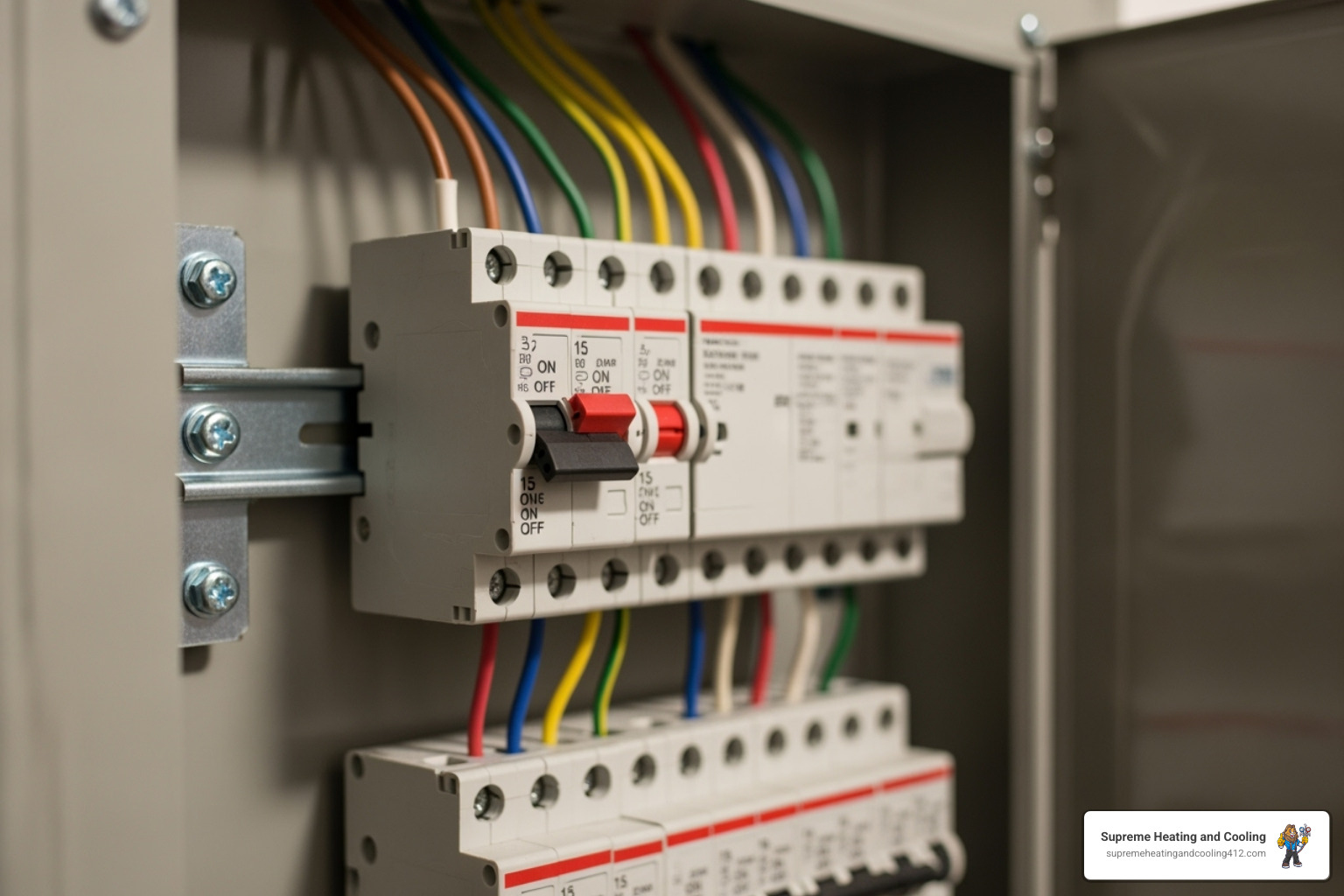 home electrical panel with one breaker clearly tripped - AC won't turn on