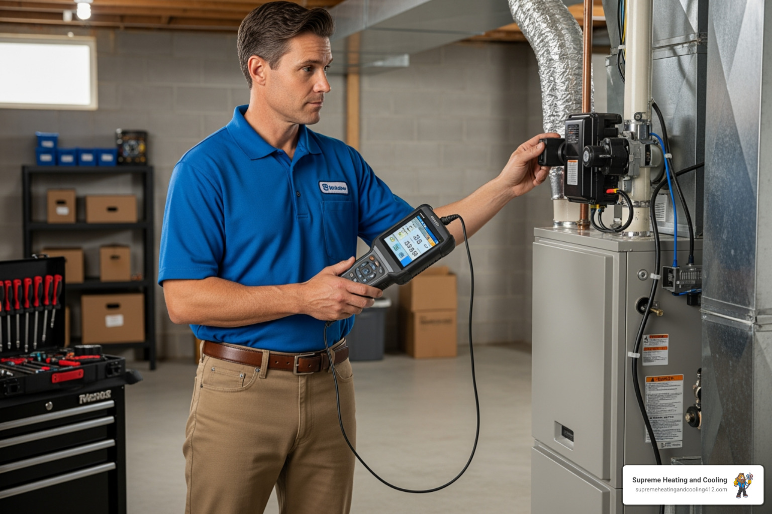 a technician using a diagnostic tool on a heating unit - certified heating technician in pittsburgh, pa