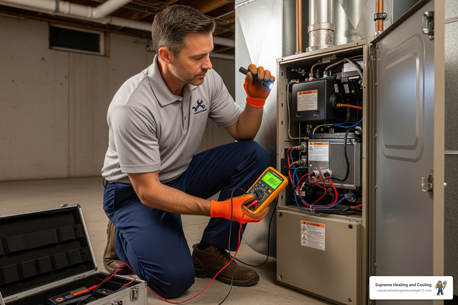a technician carefully inspecting a furnace with safety gloves and equipment - certified heating technician in pittsburgh, pa