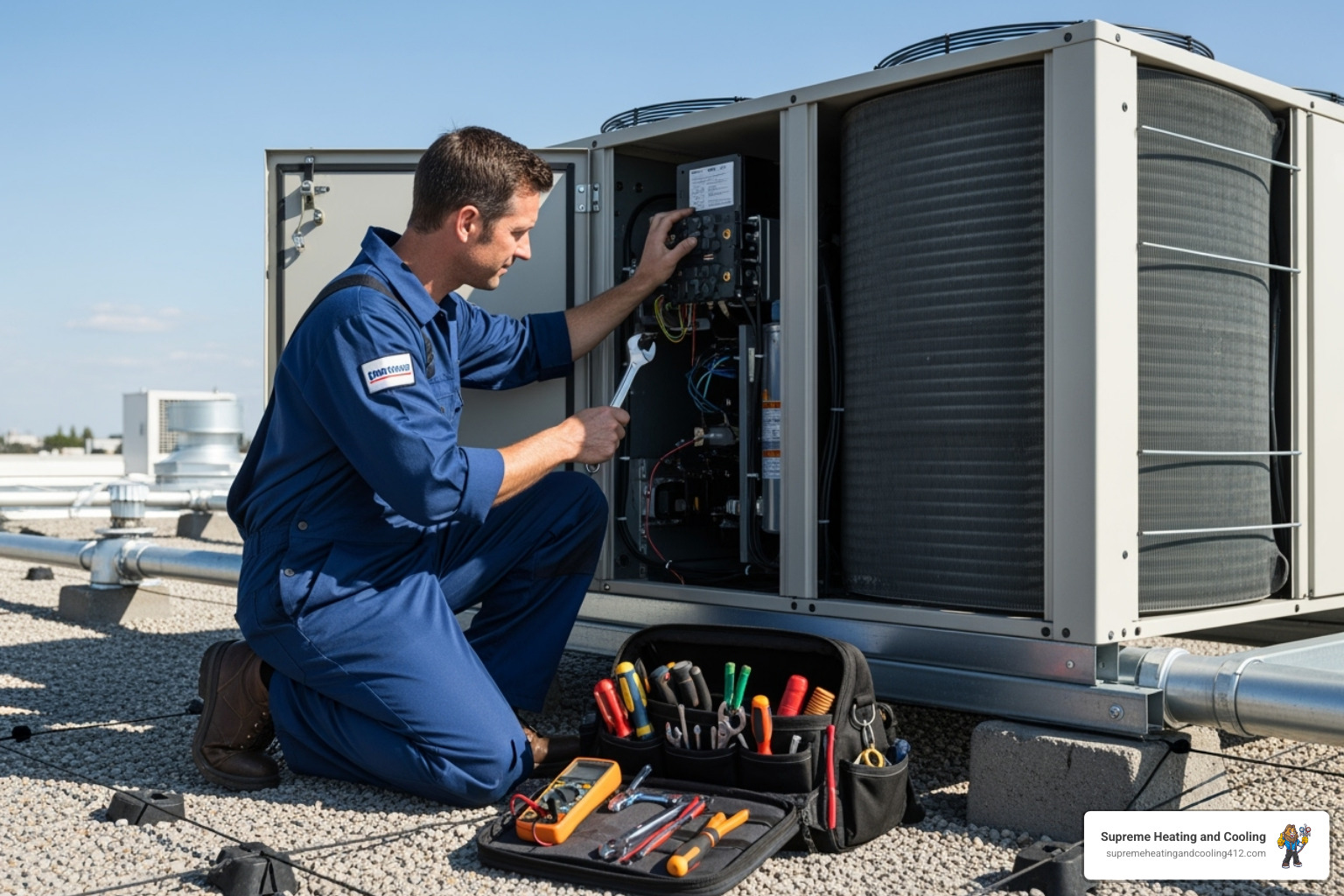 technician performing maintenance on commercial HVAC unit - commercial hvac repair fox chapel, pa