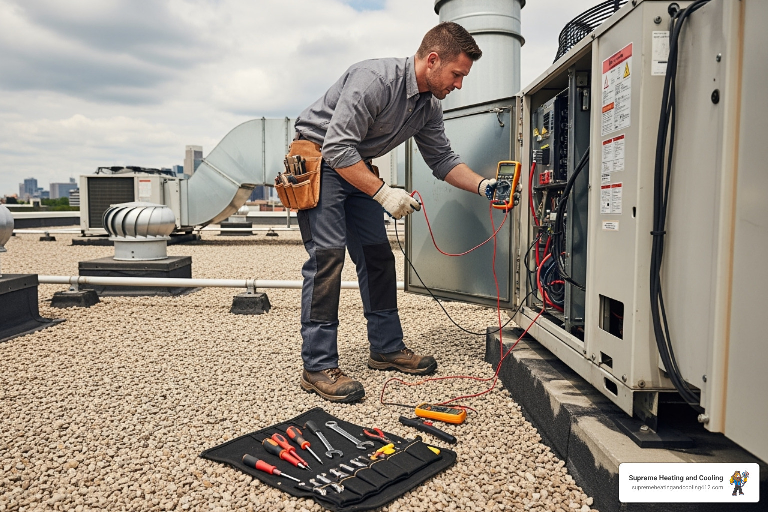 commercial hvac technician repairing a unit - commercial hvac repair fox chapel, pa
