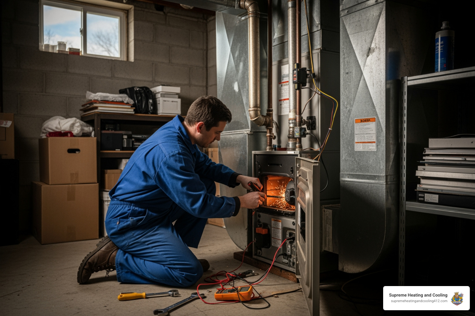 Infographic showing the main components of a home heating system including the burner, heat exchanger, blower motor, air filter, thermostat connection, and exhaust flue, with labels indicating common problem areas that require professional repair - furnace repair penn hills pa