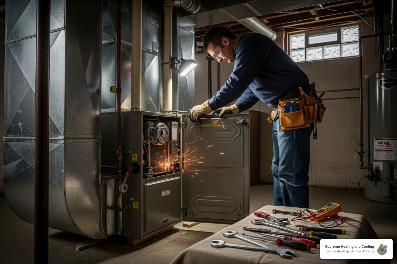 Infographic showing 5 critical furnace warning signs: unusual banging or rattling noises, strange burning or musty odors, cold air blowing from vents, sudden spike in energy bills, and frequent on-off cycling - furnace repair pittsburgh pa