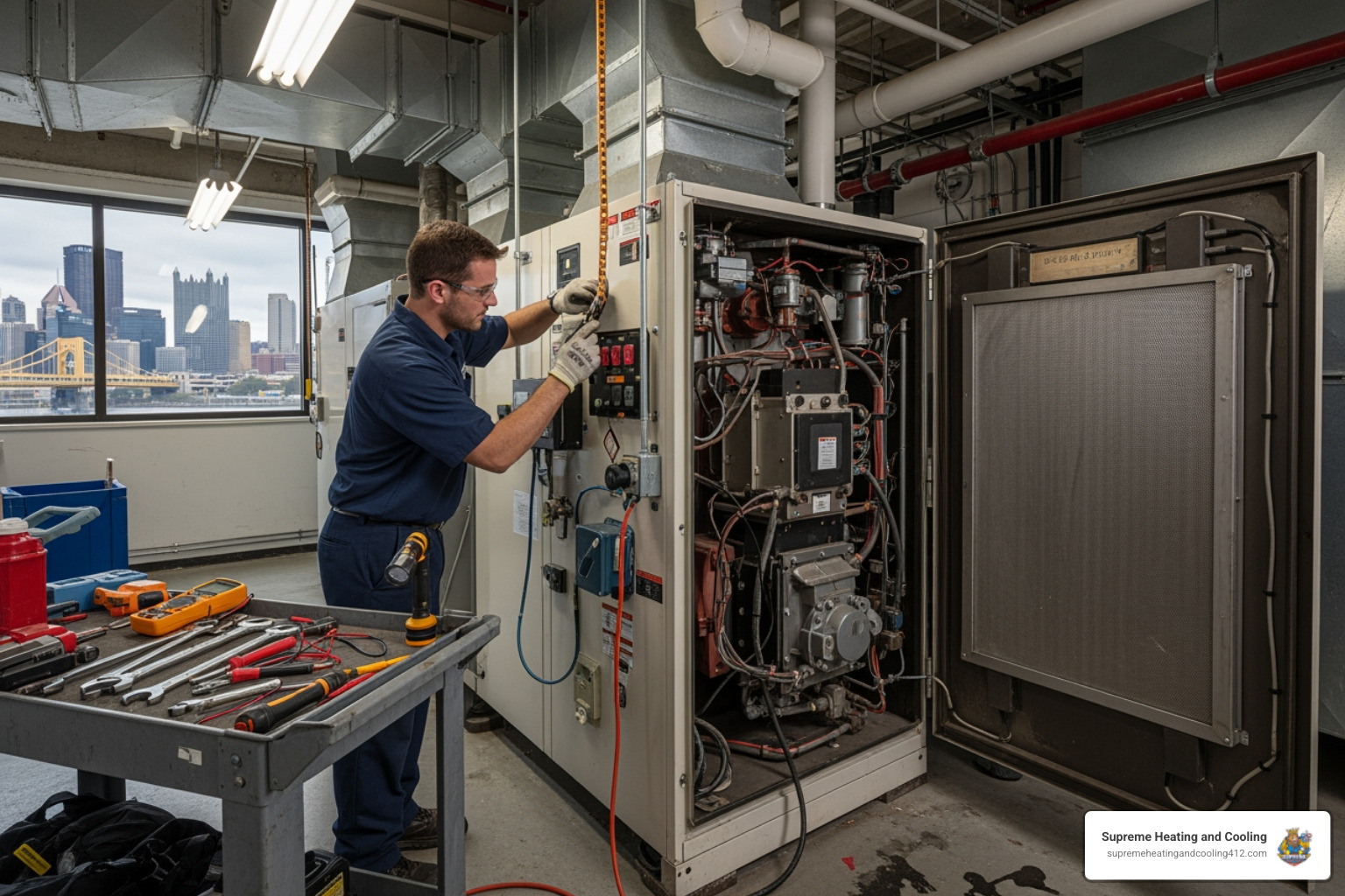 Infographic showing four key benefits of commercial furnace maintenance: Safety (CO prevention, fire risk reduction), Savings (15-25% lower energy costs), Longevity (5-8 years extended lifespan), and Efficiency (85% fewer emergency breakdowns) - commercial furnace maintenance in pittsburgh, pa