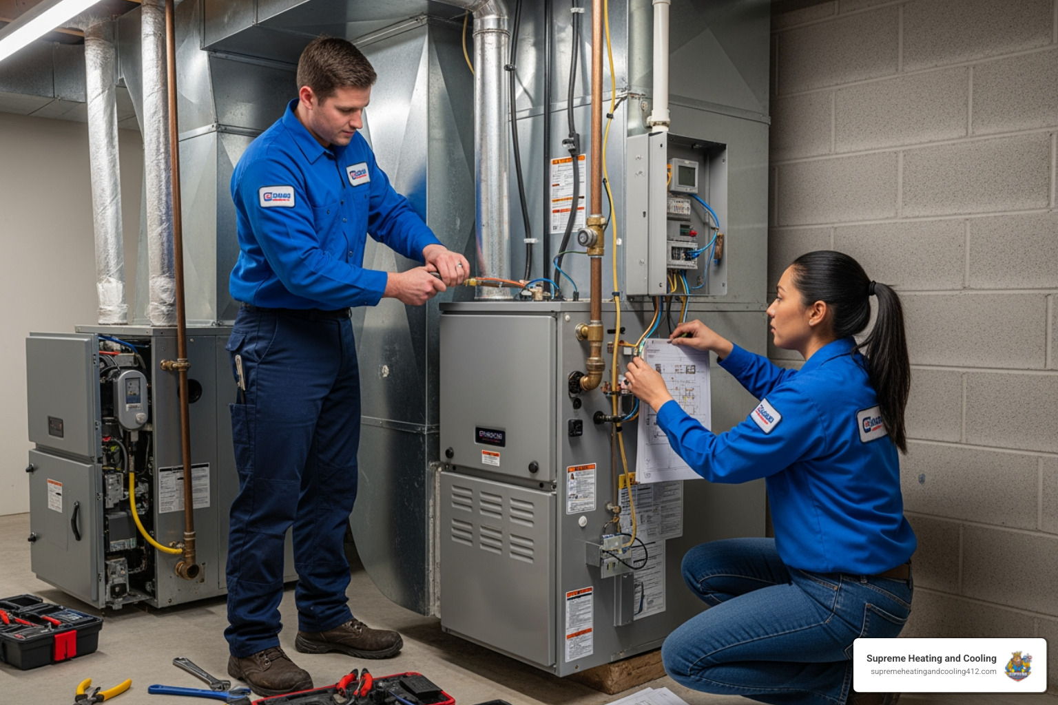 infographic showing seven key warning signs that indicate a furnace needs replacement: furnace age over 15 years, rising energy bills, frequent repair needs, uneven heating throughout the home, strange noises during operation, poor indoor air quality, and visible rust or cracks on the unit - furnace replacement company in penn hills, pa