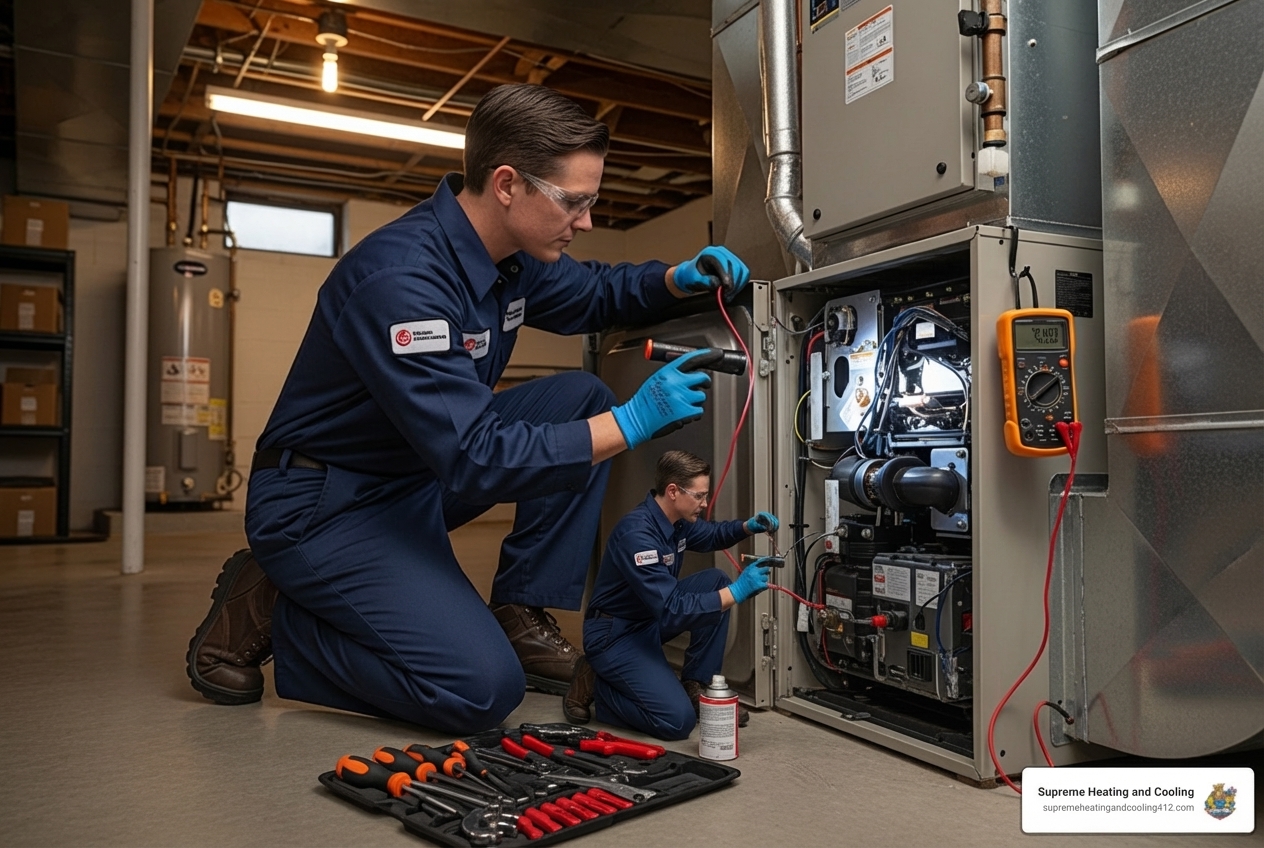 Infographic showing four key benefits of professional furnace maintenance: Safety through carbon monoxide testing and heat exchanger inspection; Efficiency with up to 30 percent energy savings; Extended Lifespan of 15-30 years with proper care; and Warranty Protection requiring annual professional service - best furnace maintenance in pittsburgh, pa