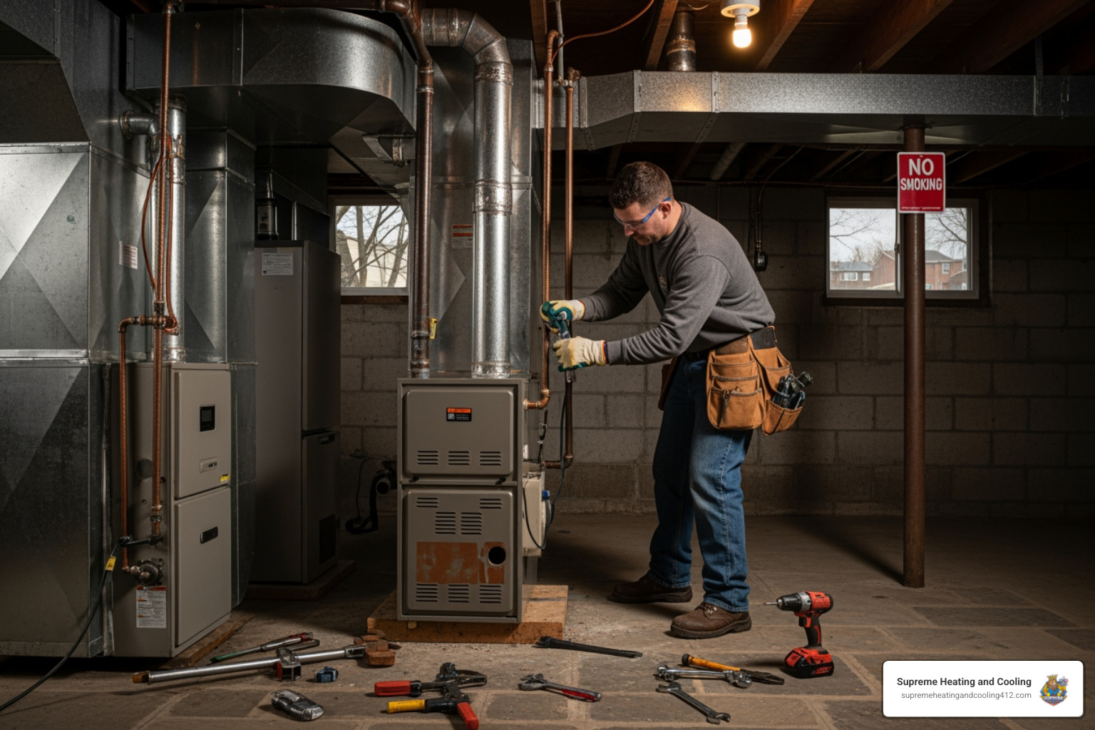 Infographic explaining the key benefits of a new high-efficiency furnace, including lower energy bills, improved comfort, better air quality, and quieter operation, with AFUE rating comparison between old and new systems - furnace replacement near me in penn hills, pa