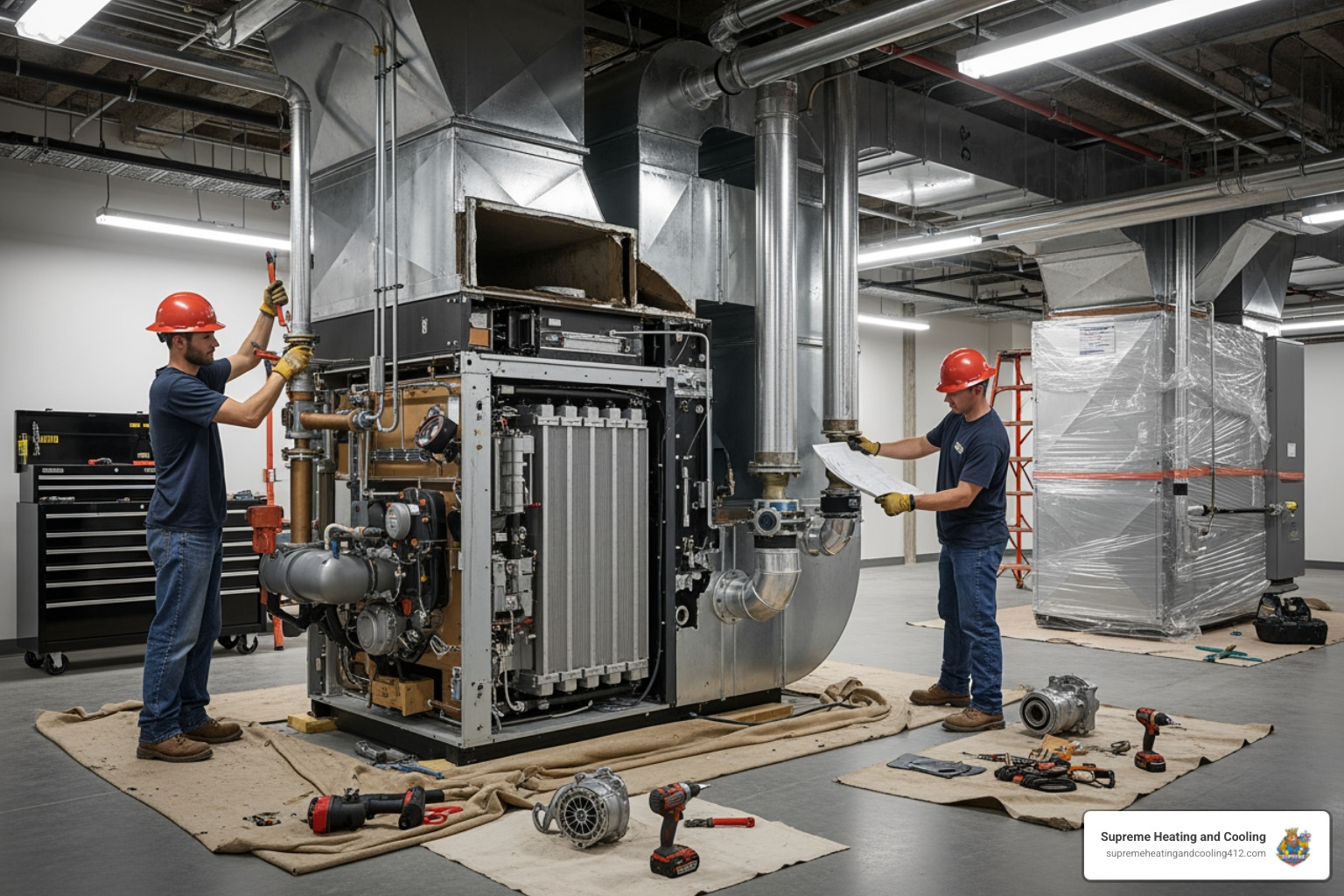 Infographic showing 5 telltale signs your commercial furnace is failing: 1) System age over 15-20 years with declining efficiency, 2) Energy bills rising 20-30% despite similar usage, 3) Uneven temperatures across different areas of your building, 4) Frequent repair calls and recurring mechanical issues, 5) Strange noises, odors, or visible safety concerns like cracked heat exchangers - commercial furnace replacement in penn hills, pa Infographic showing 5 telltale signs your commercial furnace is failing: 1) System age over 15-20 years with declining efficiency, 2) Energy bills rising 20-30% despite similar usage, 3) Uneven temperatures across different areas of your building, 4) Frequent repair calls and recurring mechanical issues, 5) Strange noises, odors, or visible safety concerns like cracked heat exchangers - commercial furnace replacement in penn hills, pa