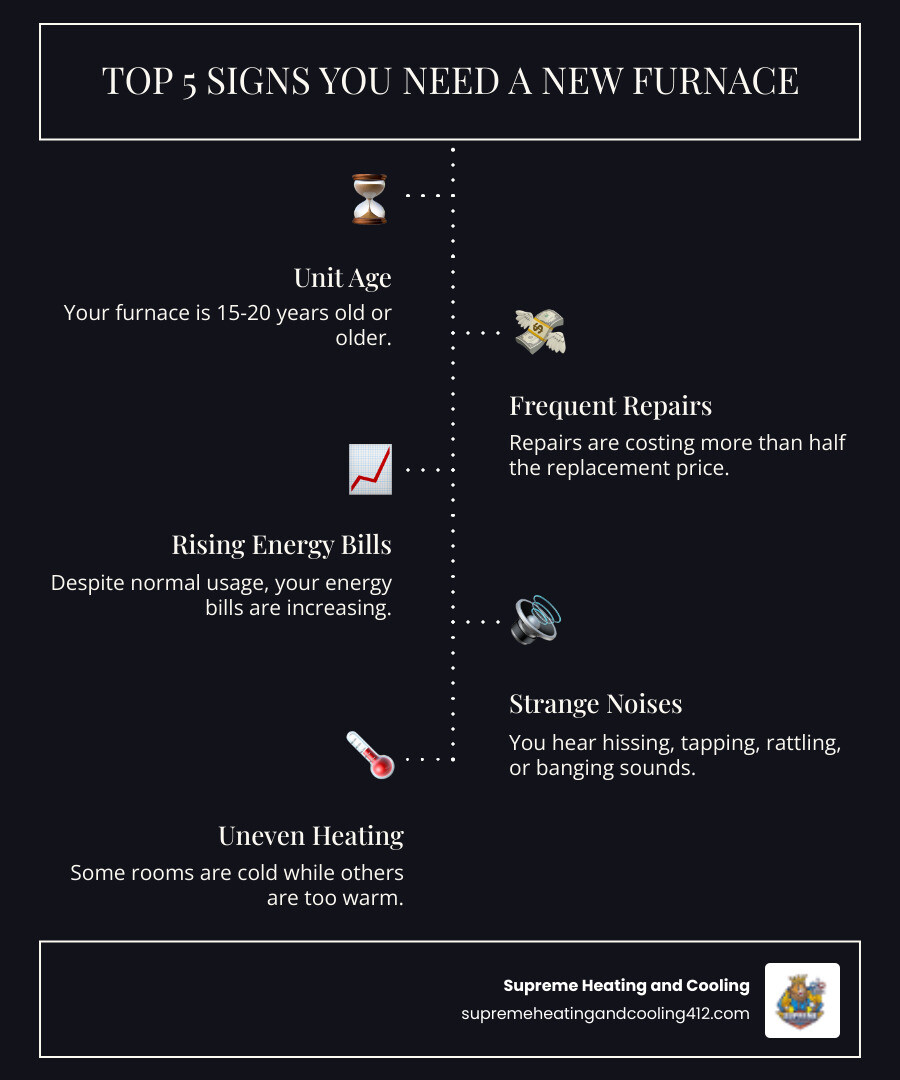 Infographic showing the top 5 signs you need a new furnace: 1) Unit is 15-20 years old or older, 2) Frequent repairs costing more than half the replacement price, 3) Rising energy bills despite normal usage, 4) Strange noises like hissing, tapping, or rattling, 5) Uneven heating or rooms that won't warm up - furnace installation pittsburgh pa infographic infographic-line-5-steps-dark