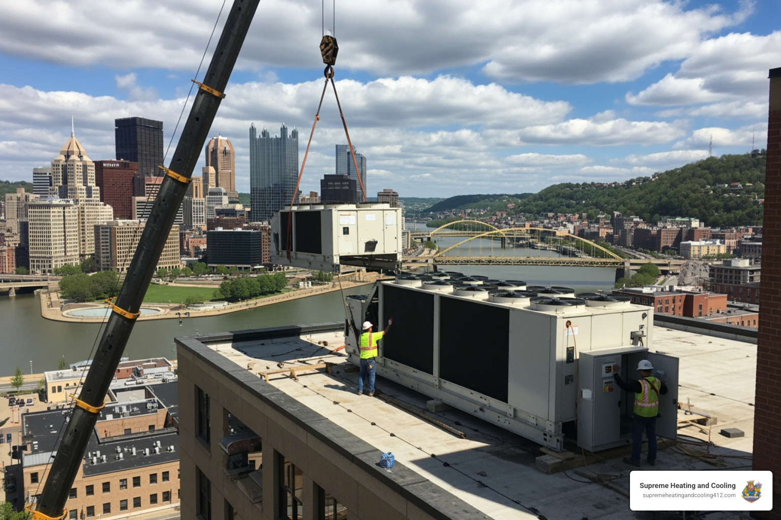 Infographic showing commercial heat pump benefits including dual heating and cooling capability, energy efficiency ratings SEER2 and HSPF2, potential energy savings, 12-20 year lifespan, federal tax credits available, and reduced carbon footprint for Pittsburgh businesses - commercial heat pump replacement in pittsburgh, pa