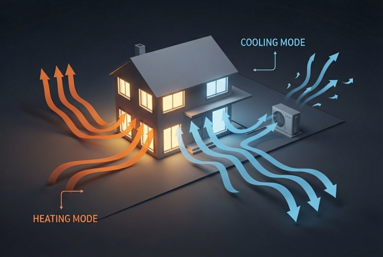 infographic explaining heat pump operation - home heat pump replacement in penn hills, pa