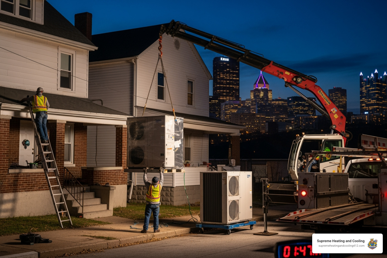 Infographic showing emergency heat pump replacement process: 1. Emergency call received 24/7, 2. Technician dispatched to Pittsburgh home, 3. System assessed and diagnosed, 4. Old unit safely removed, 5. New energy-efficient heat pump installed, 6. System tested and activated for immediate comfort - 24 hour heat pump replacement in pittsburgh, pa
