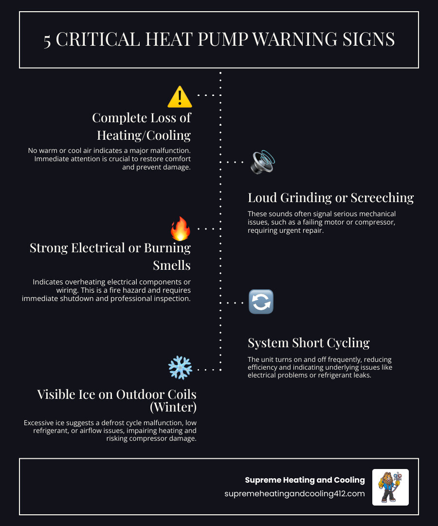 Infographic showing 5 critical heat pump warning signs: 1) Complete loss of heating or cooling with red warning icon, 2) Loud grinding or screeching noises with sound wave symbol, 3) Strong electrical or burning smells with fire icon, 4) System turning on and off every few minutes with cycle arrows, 5) Ice buildup on outdoor coils in winter with snowflake symbol. Each sign includes a brief description of what it indicates and why it requires immediate professional attention. - 24/7 heat pump repair in pittsburgh, pa infographic infographic-line-5-steps-dark