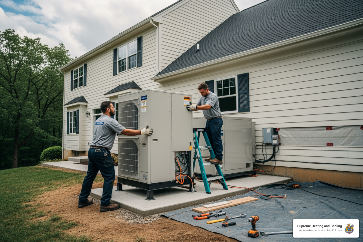 Infographic showing the heat pump replacement decision process: warning signs at top (age 10-15+ years, rising bills, frequent repairs), flowing to benefits in middle (improved efficiency, lower bills, better comfort, quieter operation), and ending with key selection factors at bottom (proper sizing, energy ratings SEER/HSPF, available rebates, professional installation) - heat pump replacement bethel park pa