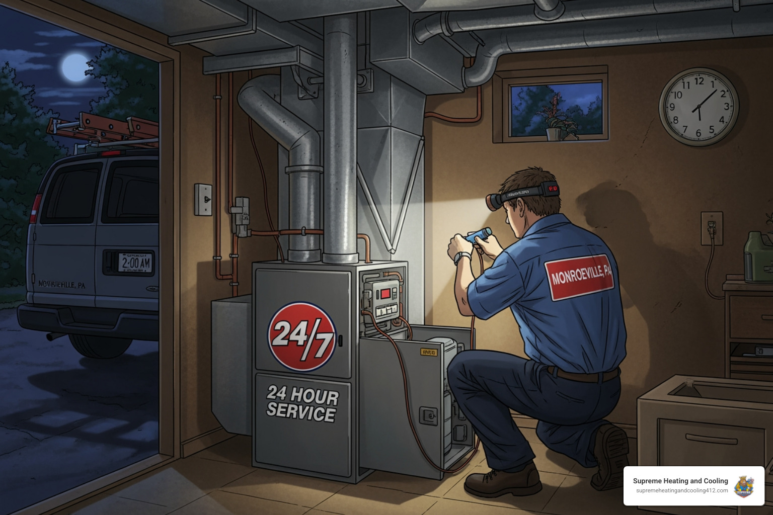 Infographic showing 5 warning signs your furnace needs immediate repair: 1) Strange noises like banging or scraping, 2) Unusual burning or gas smells, 3) Weak or no airflow from vents, 4) Furnace cycles on and off frequently, 5) No heat despite thermostat being set correctly - 24 hour furnace maintenance in monroeville, pa