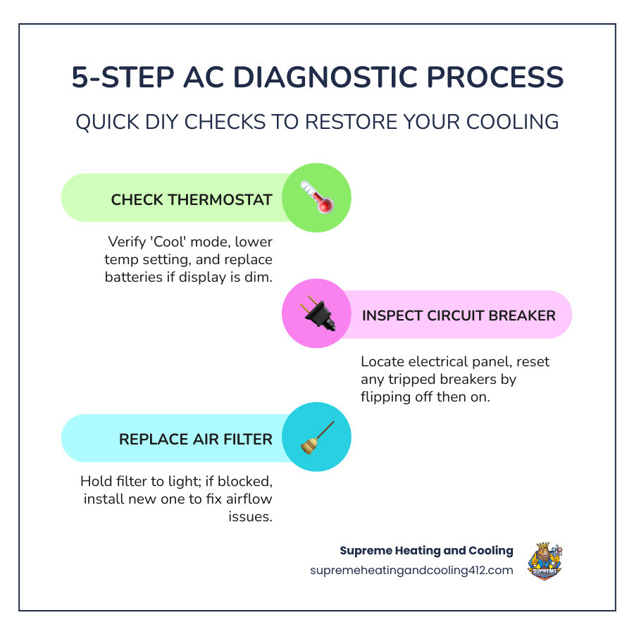 5-step AC diagnostic process infographic for homeowners - ac troubleshooting tips before calling a pro infographic 5-step AC diagnostic process infographic for homeowners - ac troubleshooting tips before calling a pro infographic