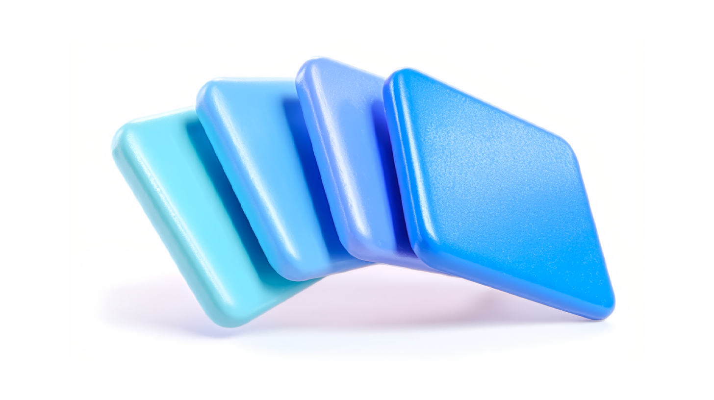 Four glossy, rounded square tiles in shades of blue arranged in a dynamic, overlapping diagonal pattern on a white background.