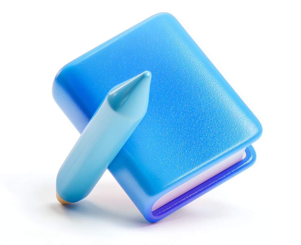 Blue stylized book and pencil icon on a white background.