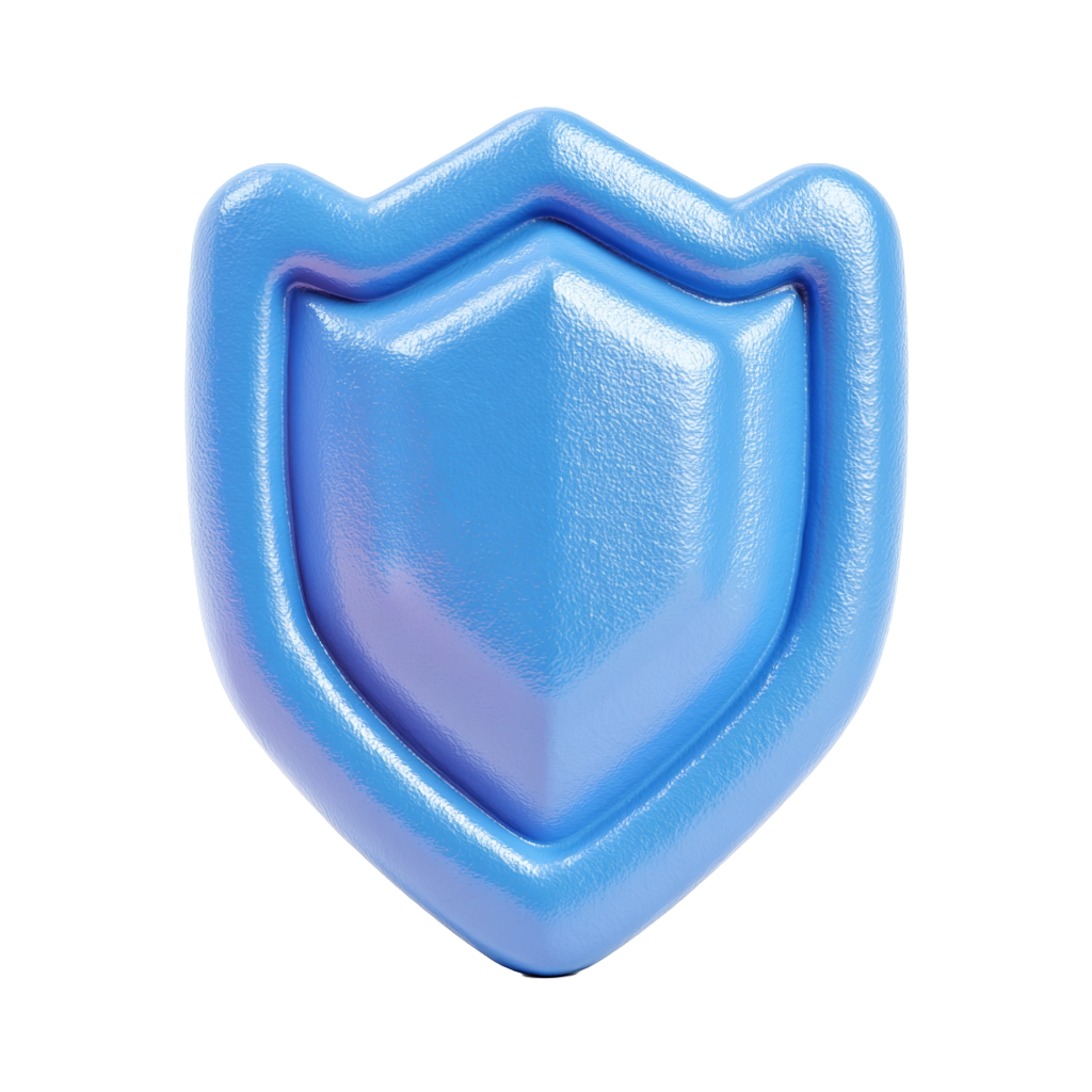 Shiny blue 3D shield icon with a textured surface on a white background.