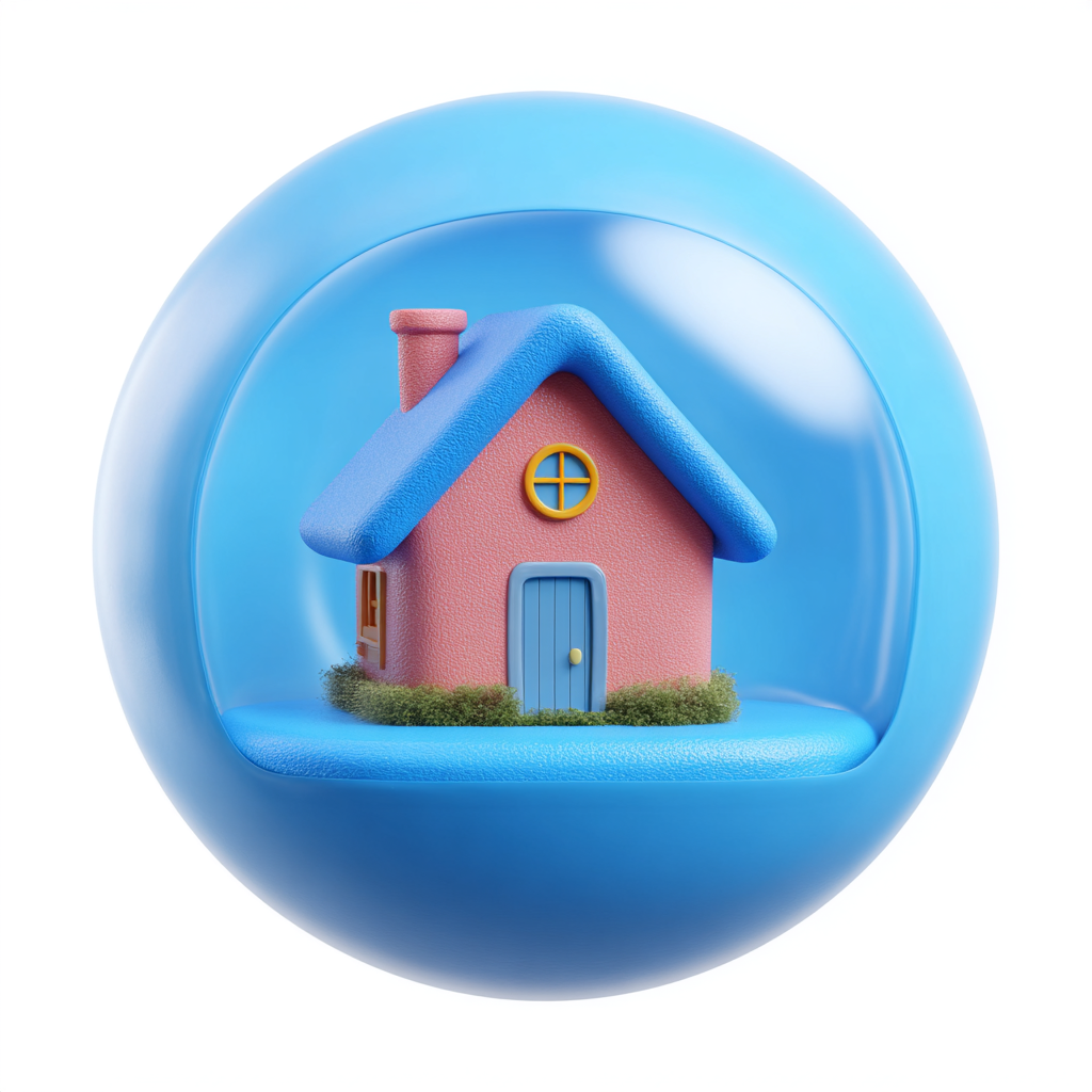 3D illustration of a small pink house with a blue roof inside a shiny blue spherical enclosure.