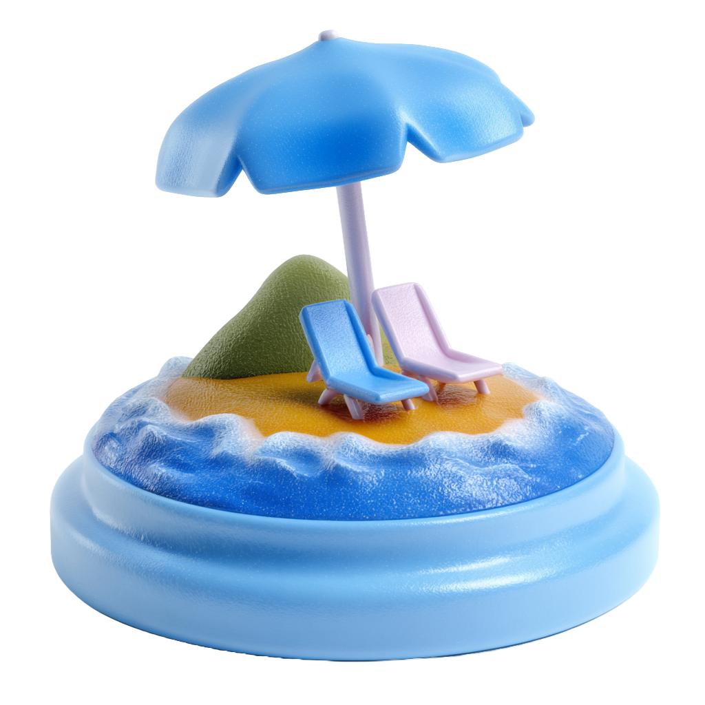 Miniature beach scene with two lounge chairs under a large blue umbrella on sandy shore next to a small green hill surrounded by blue waves.