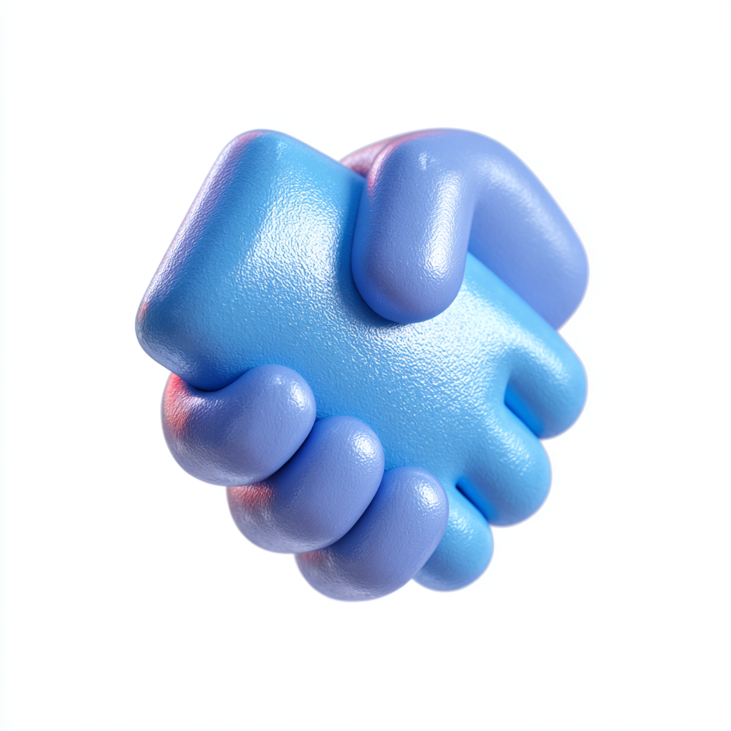 3D-rendered blue handshake icon with a textured surface on a white background.