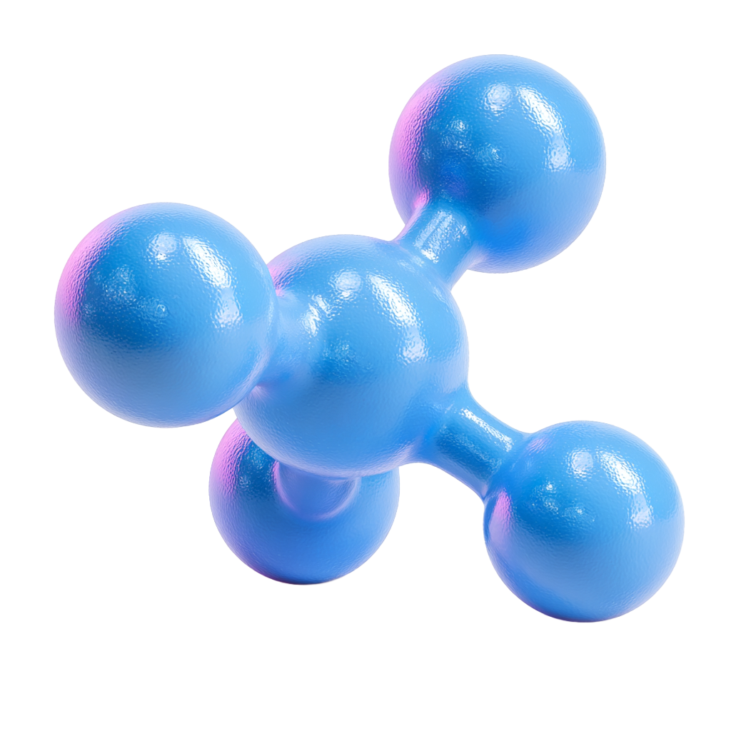 3D rendering of a blue molecule model with one central sphere connected to four outer spheres.