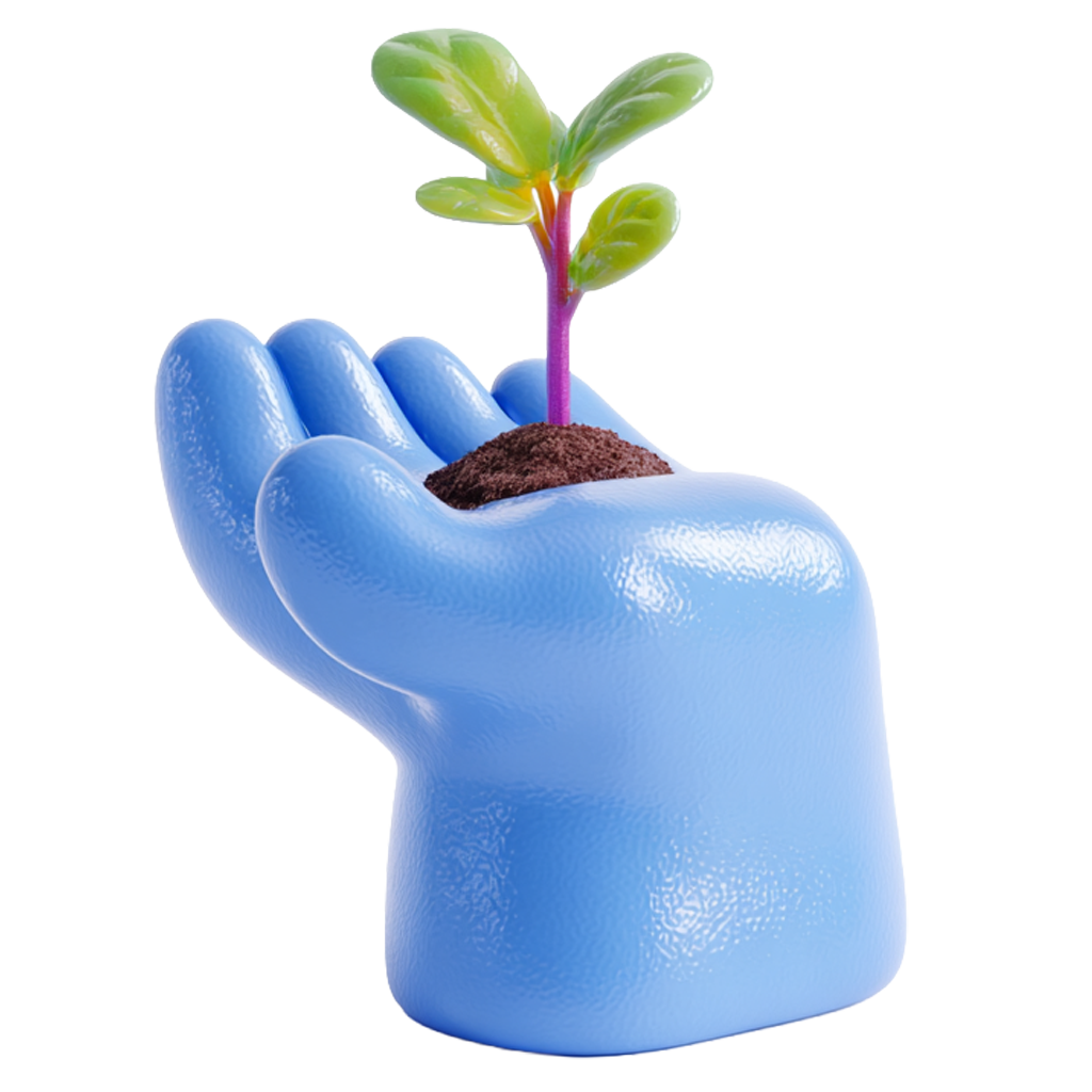 Glossy blue hand sculpture holding soil with a small green sprout growing from it.