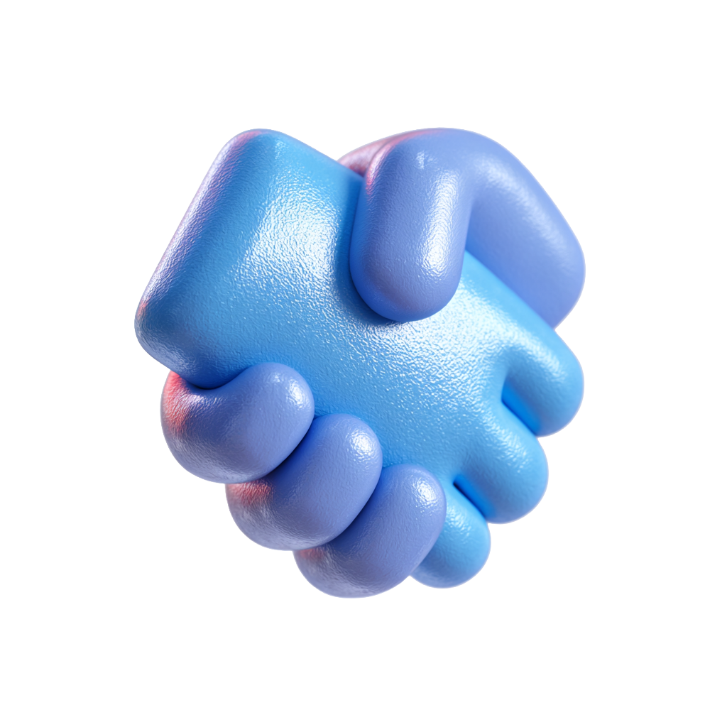 3D illustration of two blue hands shaking, symbolizing agreement or partnership.