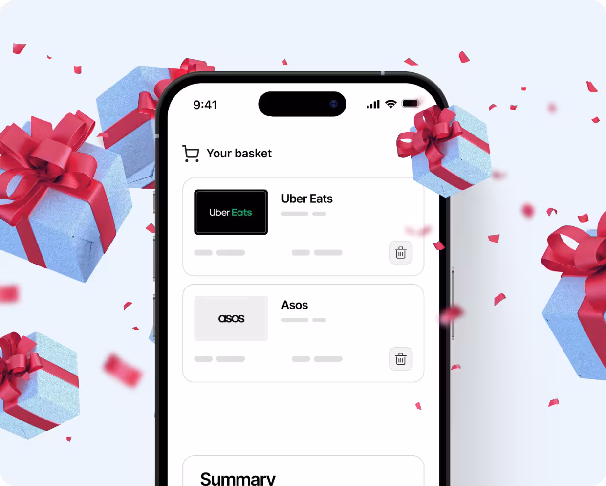 Smartphone screen showing a shopping basket with Uber Eats and Asos items, surrounded by blue gift boxes with red ribbons and scattered red confetti.