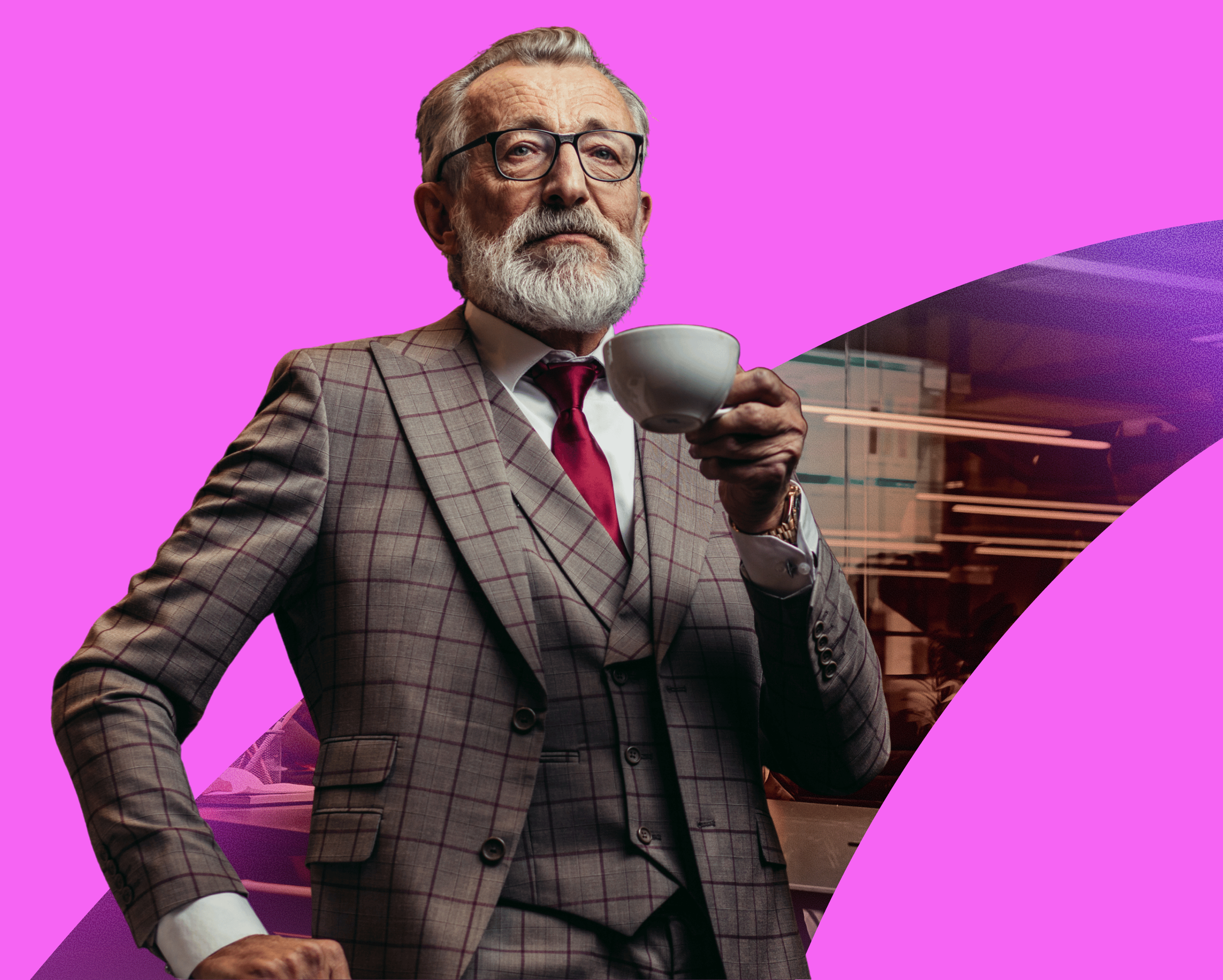 man in three piece suit sipping coffee, digital gift card and coffee voucher from totally rewards