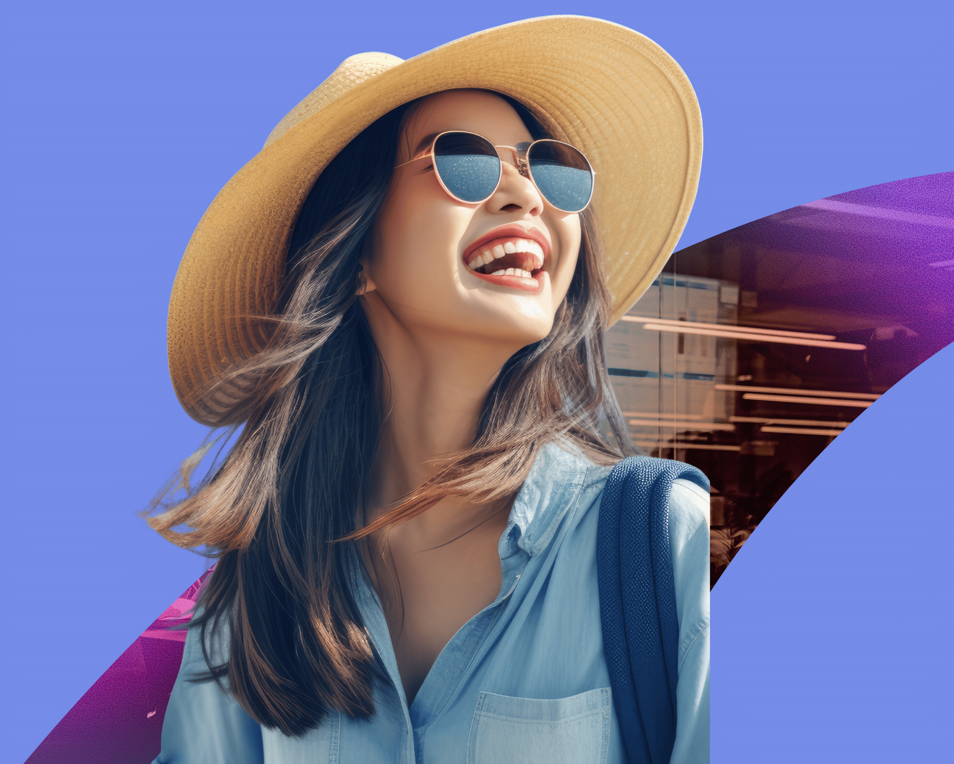 woman smiling wearing a hat, digital travel gift card from totally rewards 