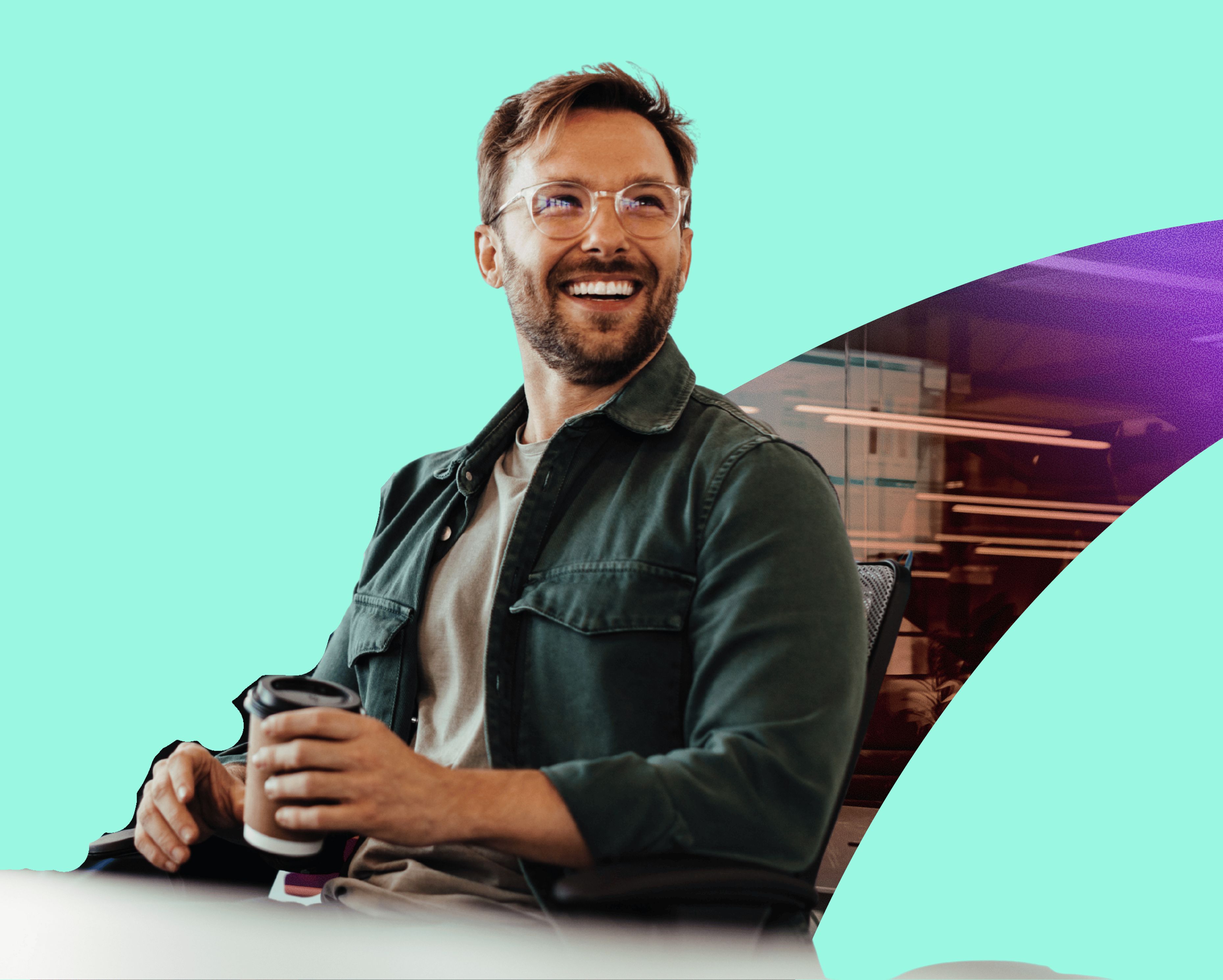 man in glasses smiling drinking coffee, totally rewards, digital gift cards