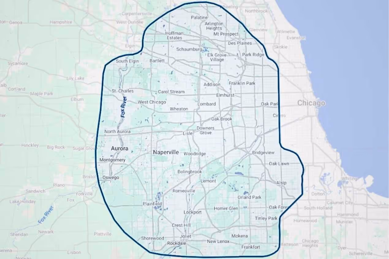 Map showing the Doo Away dog waste removal Chicagoland service area