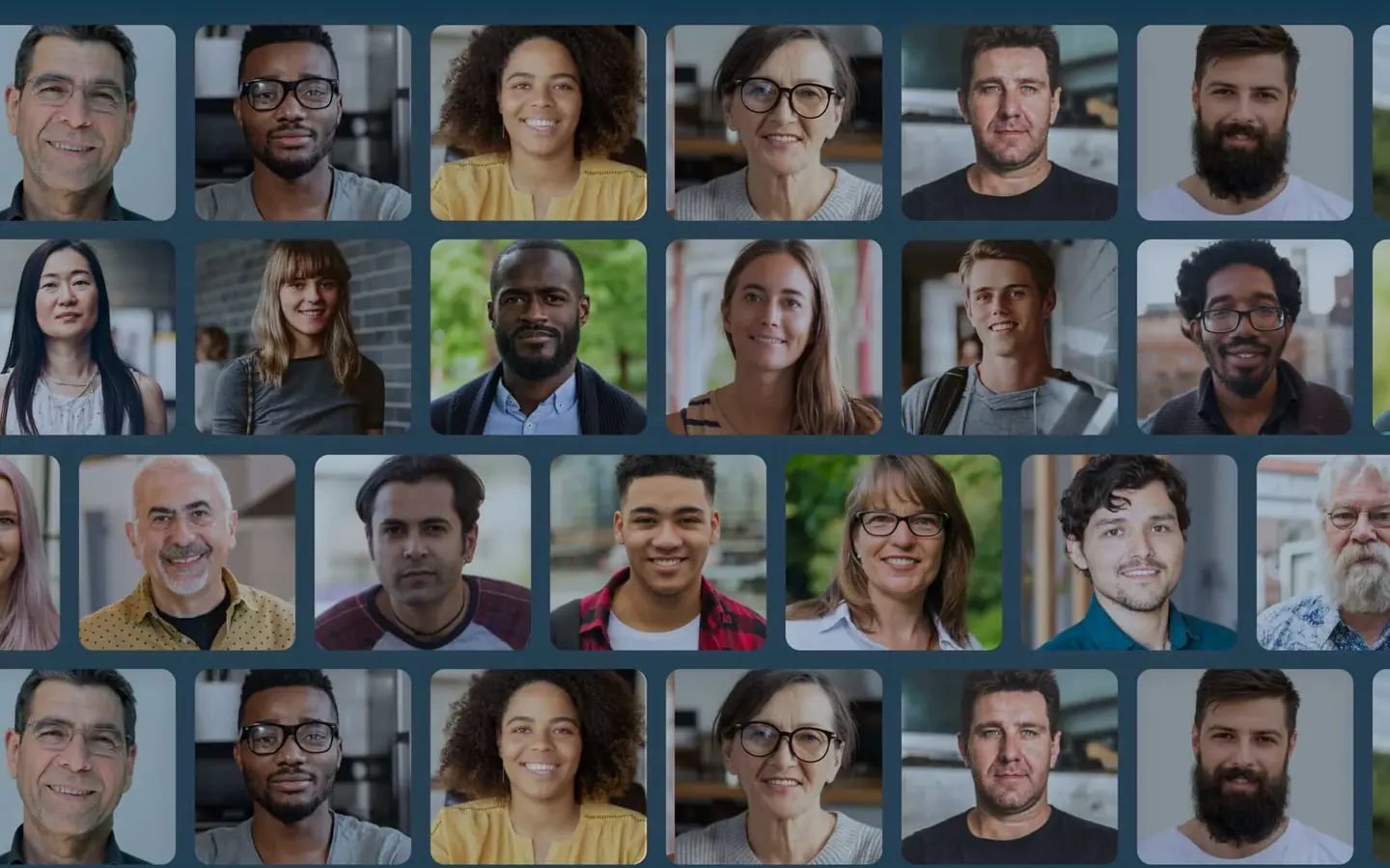 Grid of diverse people in 5x4 layout with varied expressions, showing real-life scenarios
