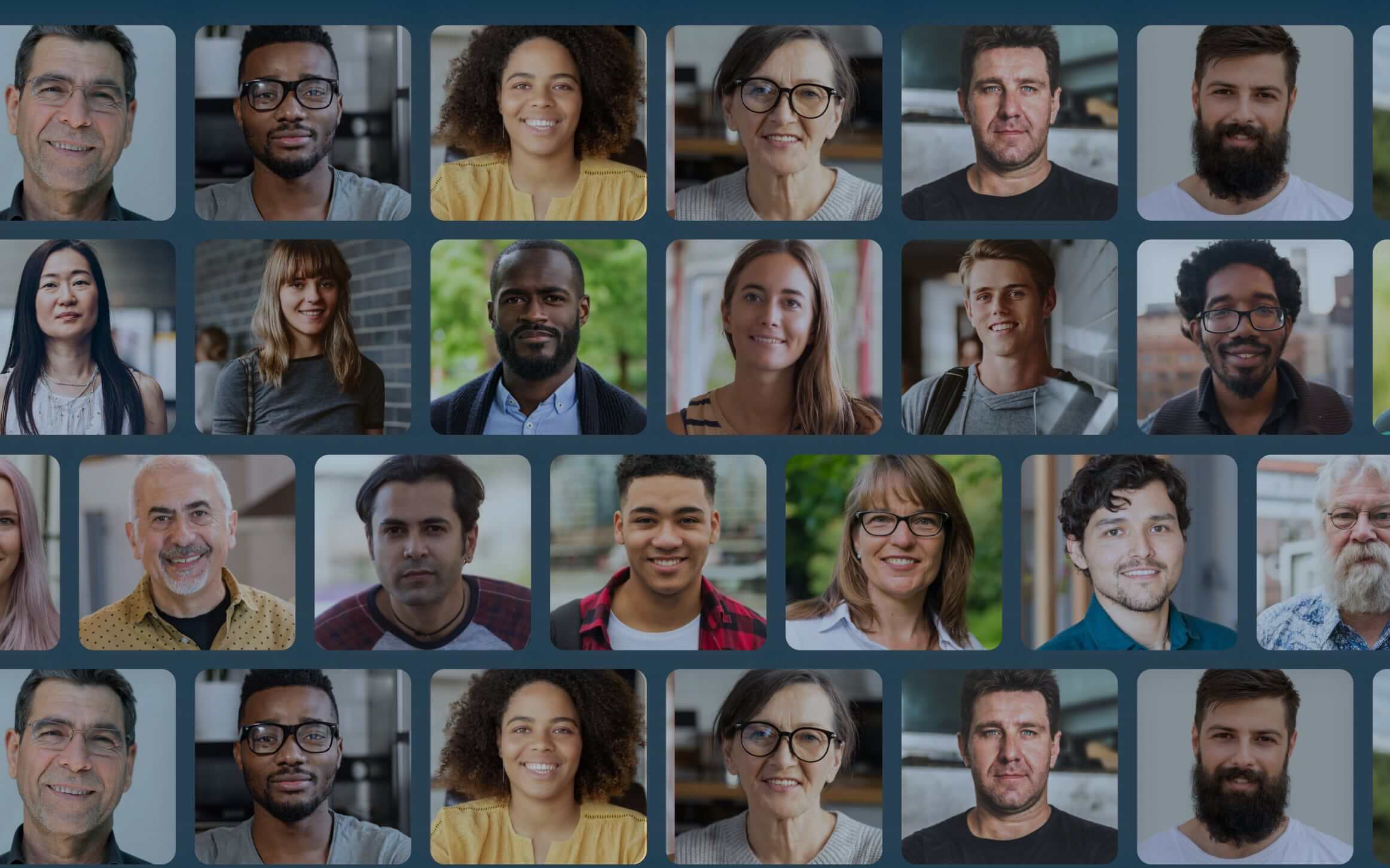 A grid of diverse people displaying various facial expressions. Each individual is shown in a separate rectangular frame, arranged in a 5x4 pattern. The backgrounds vary, indicating different locations and settings, effectively capturing a realistic slice of life and possibly useful for rent reporting purposes.