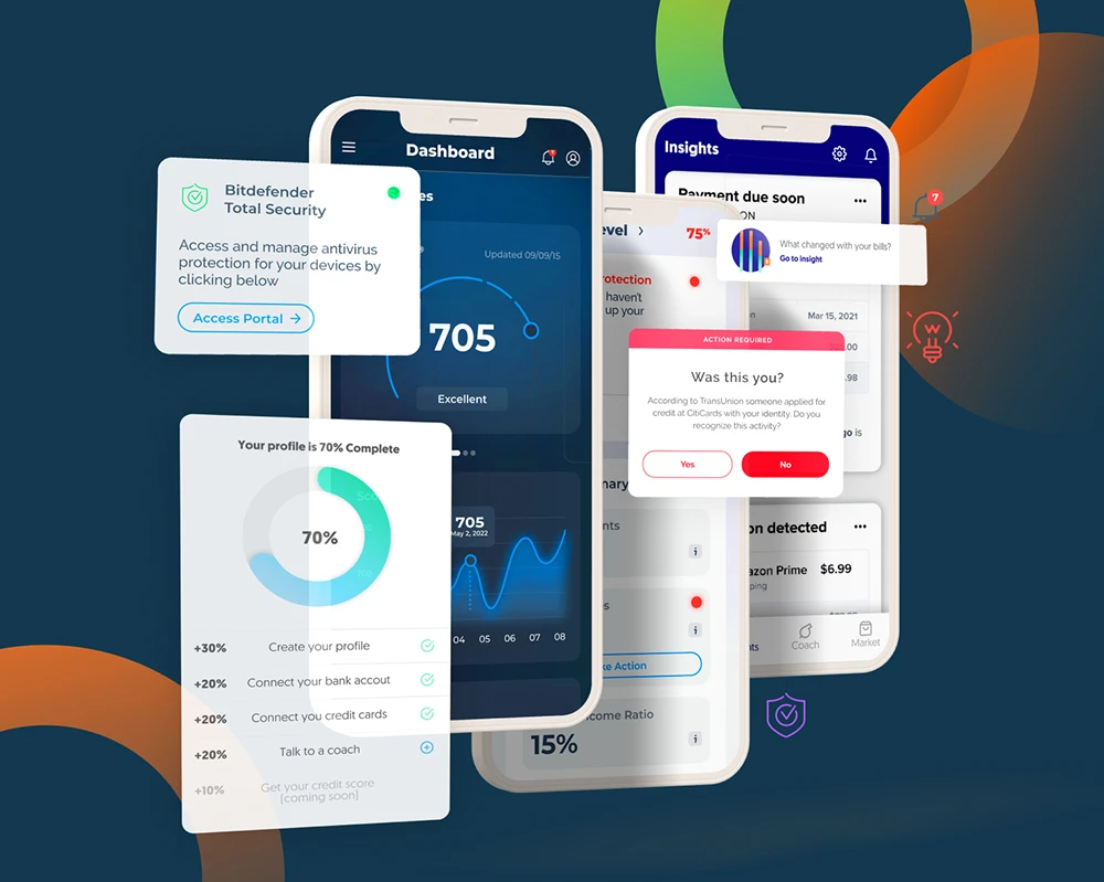 3 phones of IDIQ products with various widgets popping out from them