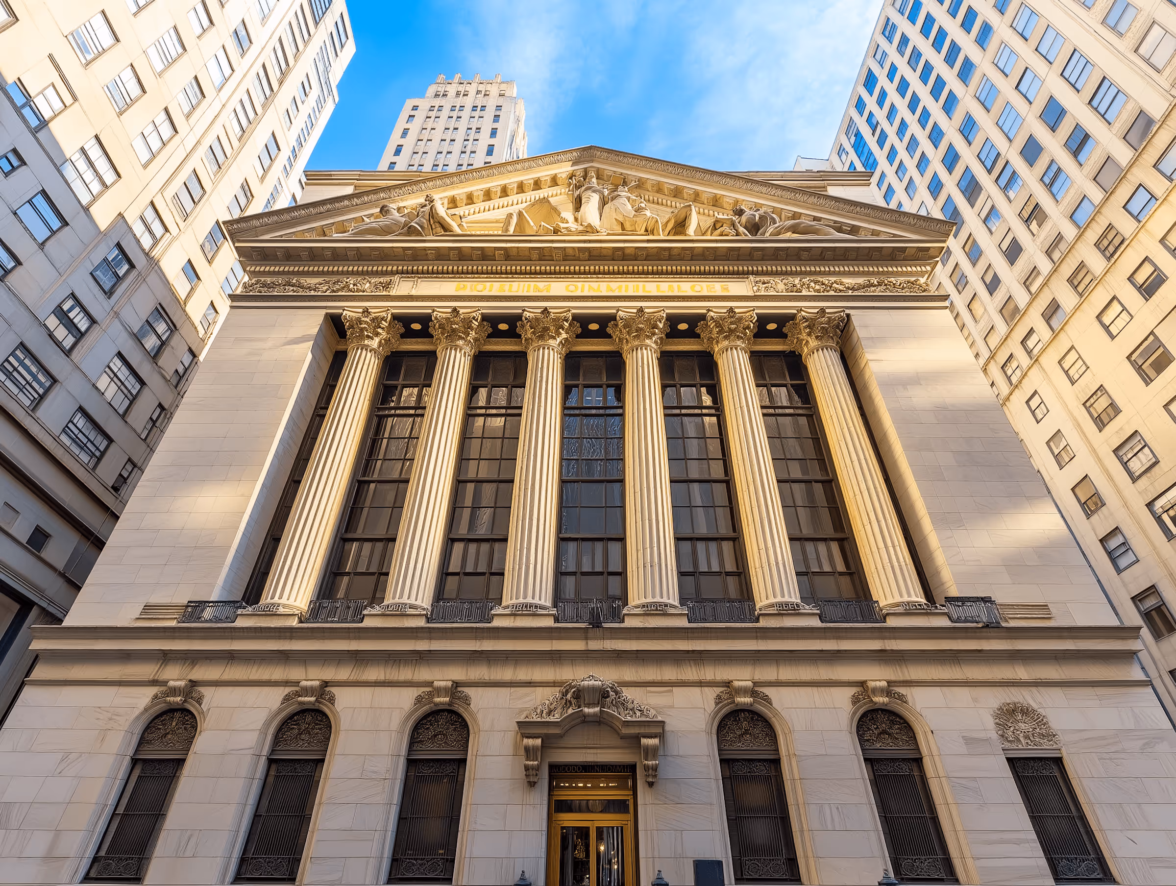 Low-angle view of a classical building facade featuring six tall Corinthian columns and detailed sculptural frieze under a clear blue sky, flanked by modern buildings.