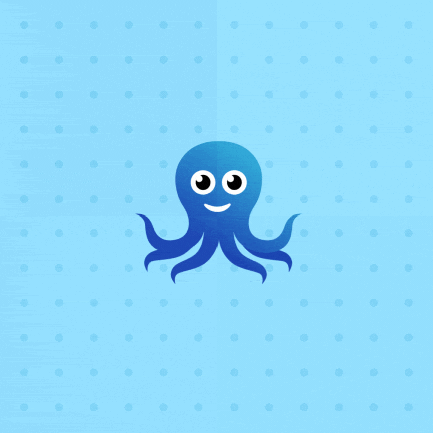 Animated blue octopus with big eyes and a smiling face on a light blue polka dot background.