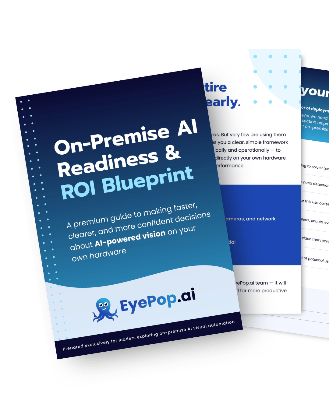 Cover of a guide titled 'On-Premise AI Readiness & ROI Blueprint' by EyePop.ai, with a blue gradient background and an octopus logo.