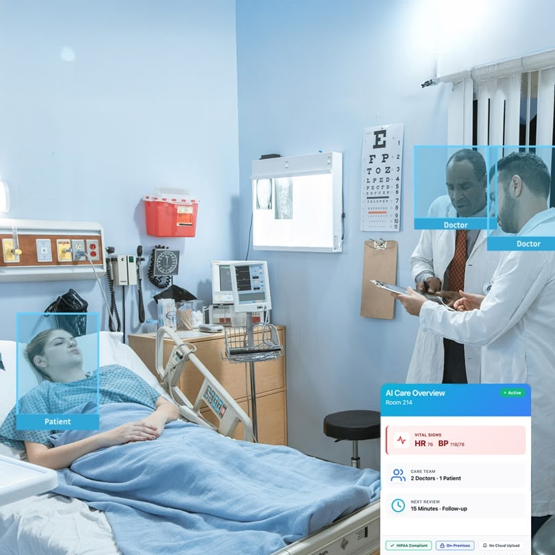 Patient lying in a hospital bed and two doctors reviewing a clipboard in a medical room with vital signs and care overview displayed.