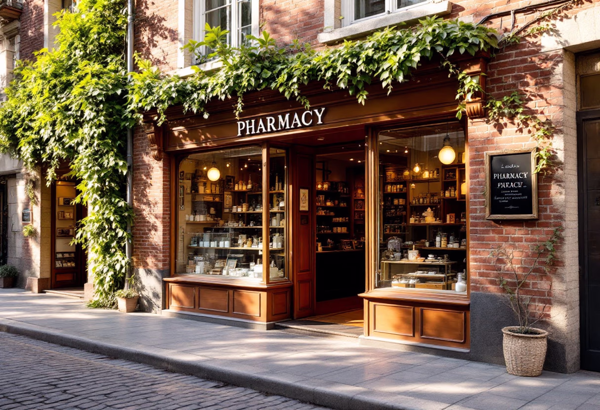 [background image] historic pharmacy building or storefront (for a pharmacy)