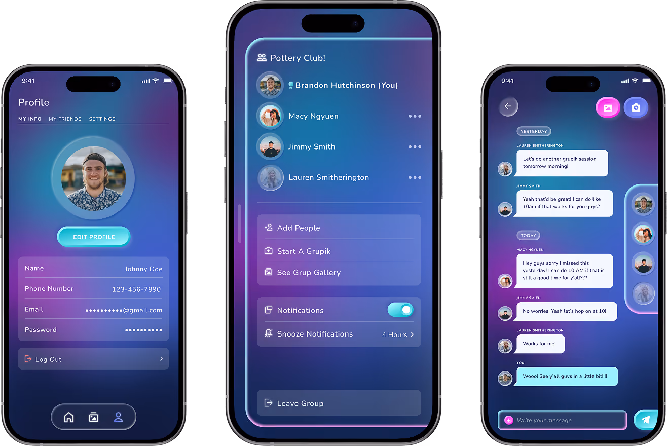 Three smartphone screens showing a social app interface: left screen with user profile details including photo, name, phone, email, and password; middle screen with a group chat named Pottery Club showing members, options to add people, start groups, view gallery, toggle notifications, and leave group; right screen displaying a group chat conversation with messages and icons for sending photos and camera.