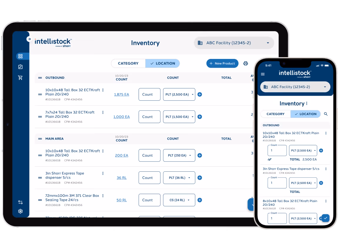 Tablet and smartphone screens showing the Intellistock Shorr inventory management interface for ABC Facility, with categories for Outbound and Main Area, listing product details, counts, packaging units, and totals.
